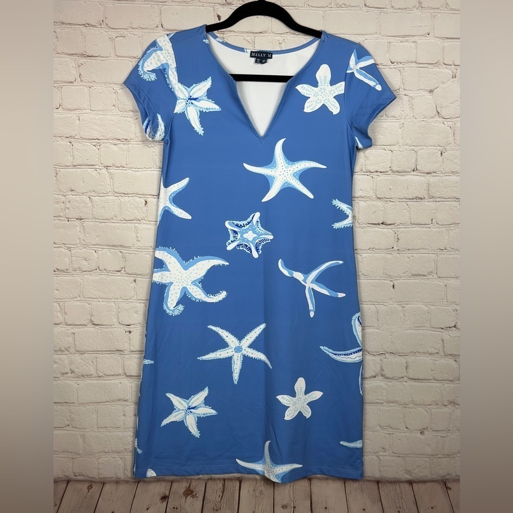 Melly M Sz Xs Short Sleeve V-Neck Dress Stretch Beach Casual Dress Starfish
